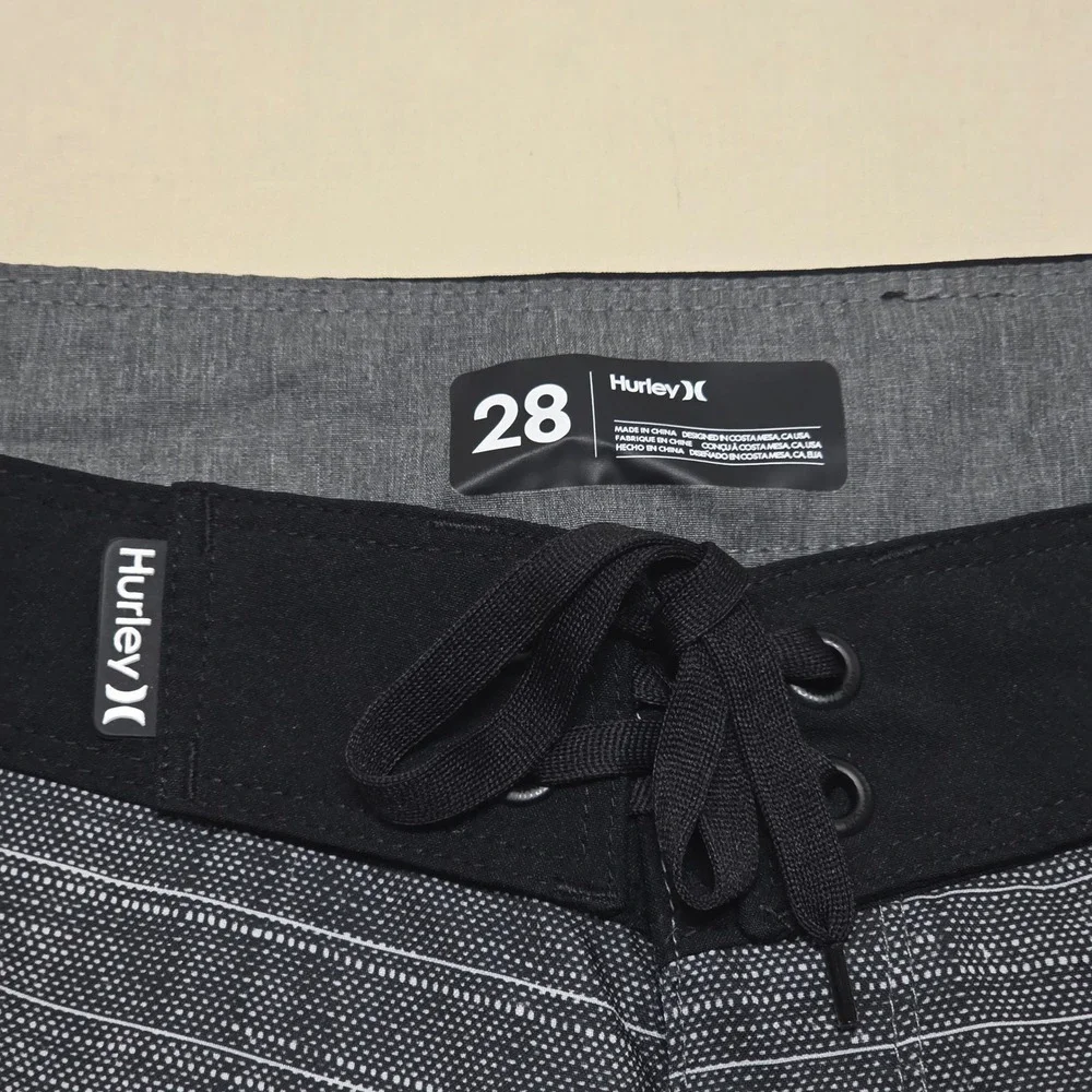 Hurley Mens Size 28 Board Shorts Black Gray Striped Surf Swim Trunks Drawstring